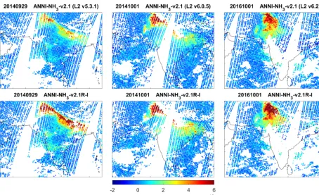 Figure 4. Example retrievals of the morning NH3 column (molec cm−2) over south Asia for the reanalysed retrieval (ANNI-NH3-v2.1R-I, bottom row) vs