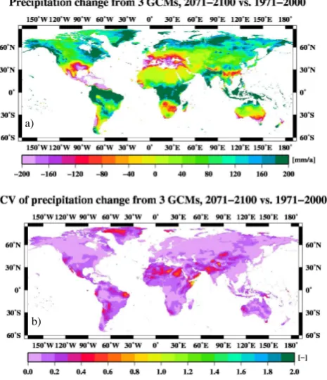 Fig. 2.Figure 2these changes from the three GCMs : Annual ensemble mean changes in bias corrected precipitation [mm/a] projected by the three GCMs following the A2 scenario for 2071-2100 compared to 1971-2000 ( Annual ensemble mean changes in bias corrected precipita-tion (mm a−1) projected by the three GCMs following the A2 sce-nario for 2071–2100 compared to 1971–2000 (a) and the CV of (b).