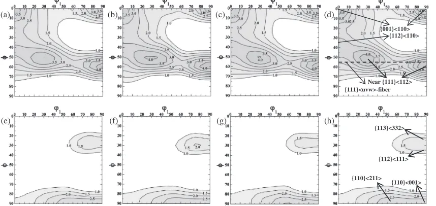 Fig. 5¤2 = 45° ODF sections of martensite (a­d) and austenite (e­h) multilayered multiphase steel composite: (a) MUSASI-L, calculatedfrom {110}, {200} and {211} pole ﬁgures; (b) MUSASI-L, calculated from {200} and {211} pole ﬁgures; (c) RESA-2, calculated from{110}, {200} and {211} pole ﬁgures; (d) RESA-2, calculated from {200} and {211} pole ﬁgures; (e) MUSASI-L, calculated from{111}, {200} and {220} pole ﬁgures; (f ) MUSASI-L, calculated from {200} and {220} pole ﬁgures; (g) RESA-2, calculated from{111}, {200} and {220} pole ﬁgures; (h) RESA-2, calculated from {200} and {220} pole ﬁgures.