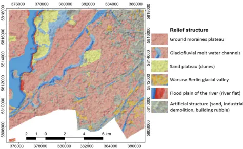 Figure 2. Relief structure of the study area: overlapping of relief derivatives elevation, slope, vertically curvature (RGB)