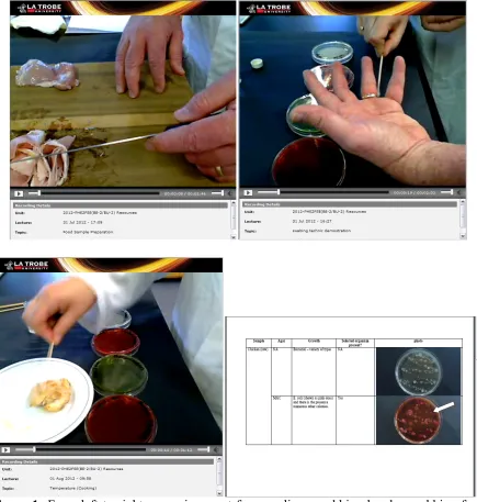 Figure 1: From left to right, preparing meat for sampling, swabbing hands, swabbing food and results 