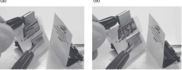 Fig. 1Typical photograph of electrochromic switchable mirror: (a) reﬂective state and (b) transparent state of the device.