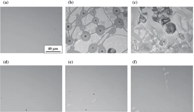 Fig. 4Optical surface images of the device: (a) as-prepared, (b) after 296.2 ks, and (c) after 950.4 ks in the bath, and (d) as-prepared,(e) after 296.2 ks and (f) after 950.4 ks in open air.