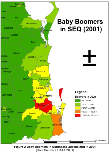 Figure 2 Baby Boomers in Southeast Queensland in 2001 (Data Source: CDATA 2001) 