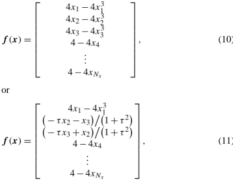 Table 1. The dependence of E [1�maxi w(i)] on Np and Nx for theimplicit particle ﬁlter