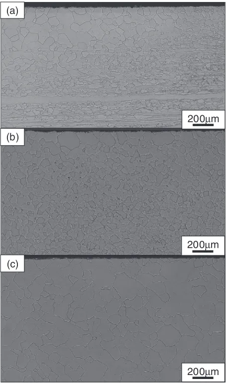 Fig. 6Optical micrographs of specimens that underwent aging treatment at300�C for (a) 86.4 ks (24 h), (b) 259.2 ks (72 h), and (c) 432.0 ks (120 h)after solution treatment by laser heating.