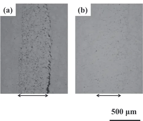 Fig. 10Microstructure of the mid-thickness region in Al-2 mass% Si stripcast under the initial roll separating force of (a) 20 kN, (b) 60 kN.