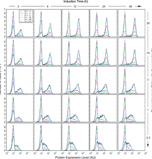 Figure 8Protein expression histograms obtained with parameter conditions compatible with reporter gene β-gal