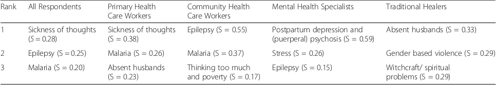 Table 2 Free listing saliency results for highest priority mental health conditions