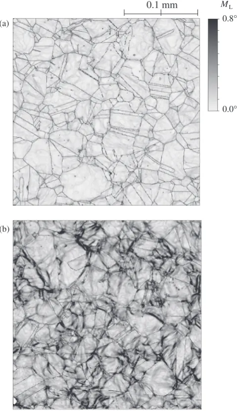 Fig. 8Local misorientation maps for two samples after tensile tests.(a) T-2.2% (Mave ¼ 0:077�) (b) T-9.7% (Mave ¼ 0:260�).