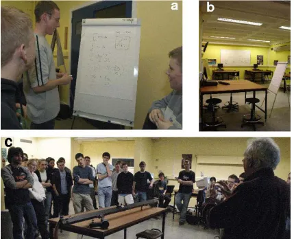 Figure 3. The layout and operation of the workshop: (s) group work activity around the flipchart;  (b) the laboratory layout; (c) class discussion of a ‘challenge’ 