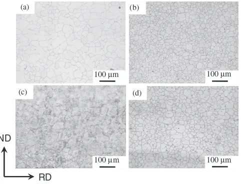 Fig. 2Microstructures of the rolled and subsequently annealed Mg-Al,Mg-Al-Ca and Mg-Al-Zn-Ca-Mn alloys: (a) the Mg-3Al alloy, (b) the Mg-3Al-0.1Ca alloy and (c) the Mg-1Al-1Zn-0.1Ca-0.5Mn alloy.