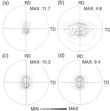 Fig. 9Microstructures of the as-rolled Mg alloys: (a) the Mg-1.5Zn alloy,(b) the Mg-1.5Zn-0.1Ca alloy, (c) the Mg-3Al alloy and (d) the Mg-3Al-0.1Ca alloy.