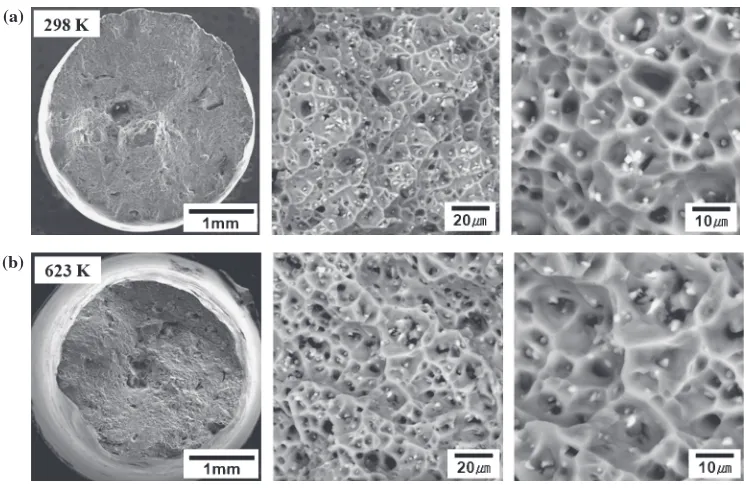 Fig. 8SEM fractography results for the tensile fractured specimens, tested at 298 K (a) and 623 K (b).