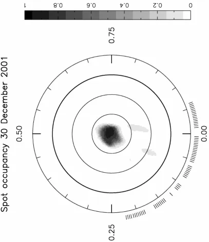 Figure 3.7  Maximum entropy brightness image for 30 December, 2001.  The image is a flattened polar projection extending down to a latitude of -30°