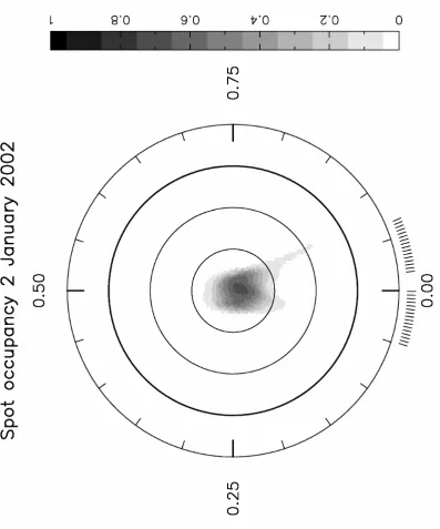 Figure 3.9  Maximum entropy brightness image for 2 January, 2002.  The image is a flattened polar projection extending down to a latitude of -30°