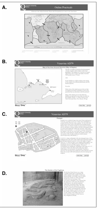 Figure 1: Example fieldtrip ‘AD79, Pompeii and the Plinys’ demonstrating the structure and options within the virtual fieldtrips, including (A.) world map of tectonic plates, (B.) the Bay of Naples, (C.) Pompeii, and (D.) the human consequences! 