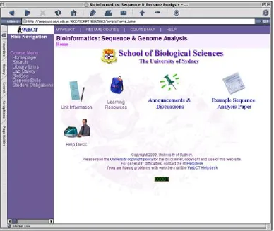 Figure 3a. WebCT site Home page for the Bioinformatics course at The University of Sydney 