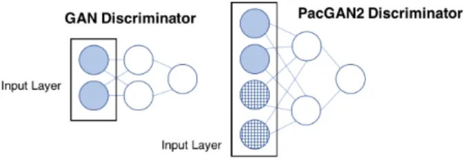 Figure 3.1: PacGAN(m) augments the input layer by a factor of m. The number of edges between the first two layers are increased accordingly to preserve the connectivity of the mother architecture (typically fully-connected)