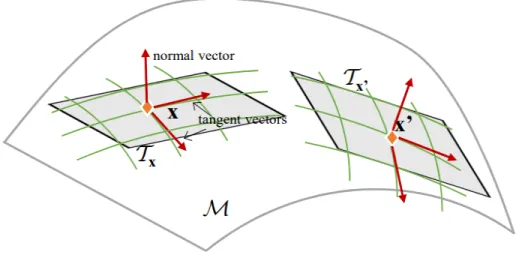 Figure 4.1: Illustration of a curved manifold M embedded in 3- dimensional ambient space.