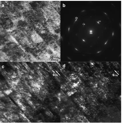 Fig. 9TEM images of fragments boundaries. (a) bright-ﬁeld image. (b) diﬀraction pattern showing the presence of twin spots