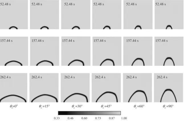 Fig. 3The growth of single boride seeds with diﬀerent crystal orientation (the grey scale shows distribution of phase-ﬁeld).