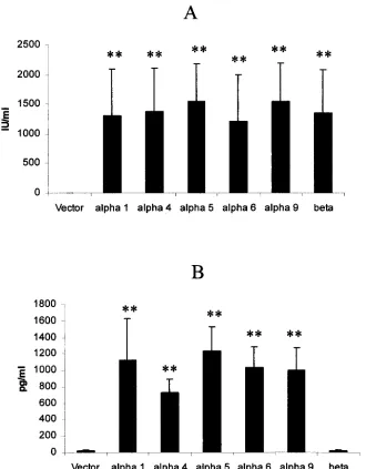 FIG. 1. Transfected L cells secrete biologically active IFN. L929 cells (500,000 cells/well) were transfected with 3 �(A) or in comparison of cells transfected with the IFN-(Vector) or plasmid containing the indicated IFN-for biologically active IFN (A) or