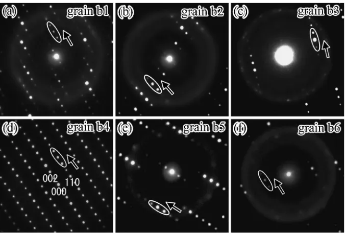 Fig. 5Electron diﬀraction patterns observed from grains b1–b6 shown in Fig. 4(b): i.e., sample B