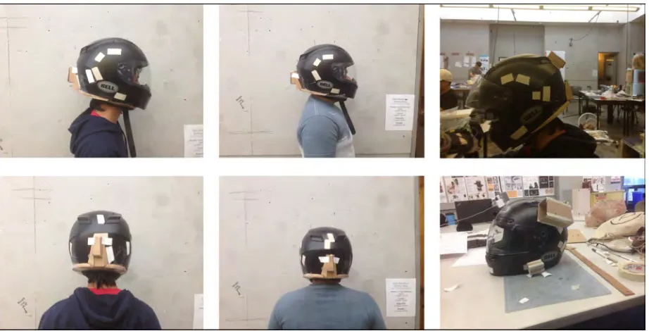 Figure (3) shows light potential light placement and orientation of device.  Weight was a large consideration here and it was determined that one of the best spots to place a device for better helmet balance was on the underside of the helmet