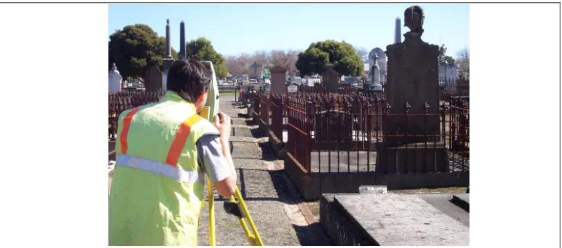 Figure 3.4  Collecting data around the grave plots using the Leica TC1105 (TPS). 