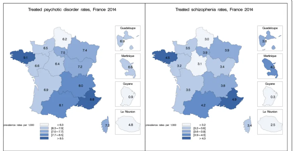 Fig. 2 Prevalence rates of psychotic disorders and schizophrenia by region in France, 2014