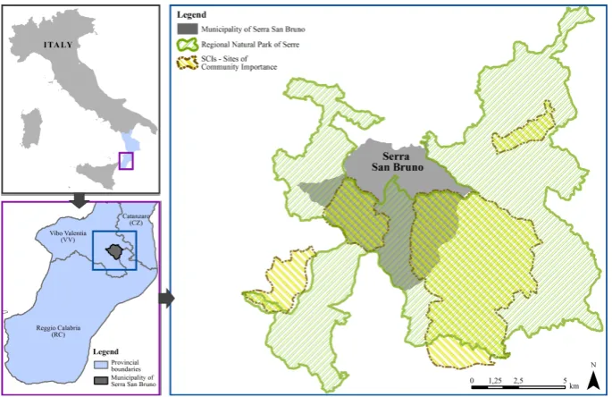 Fig. 2. Map showing the geographical location of the study area. In the blue box, the boundaries of protected areas falling in the territory ofSerra San Bruno municipality are mapped.