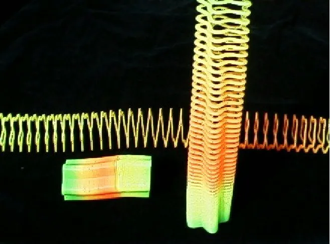 Figure 3. A "visual accelerometer": compare the spacing between the unloaded, the stretched and the free-hanging slinky