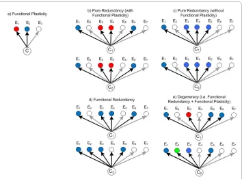 Figure 1 Illustration of degeneracy and related conceptstionality that depends on their context (E) and can be functionally active (filled nodes) or inactive (clear nodes)