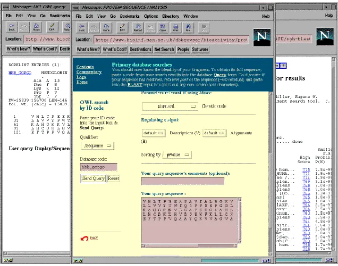 Figure 4. BioActivity's first fully interactive page, illustrating the results of database  searching having been sent to separate left- and right-hand output windows  Depending on how BioActivity is being used, students may tackle built-in exercise pages 