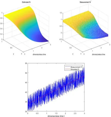 Figure 5.3: Exact parameters=(0.1,0.05,0.9), Grid points=80, Time step=0.0025, Noise level=10%