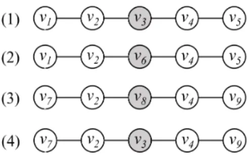 Fig. 3. An example of the influence of relationship type information on the node se- se-quences (same type lines mean similarity relationship type).