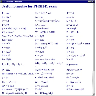 Figure 4. Formulae given at the front of the exam paper 