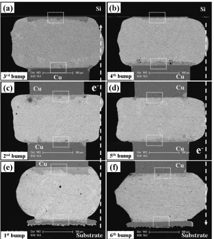 Fig. 5SEM micrographs of the 3-D stacked ﬂip chip solder bumps after current stressing for 11 h: (a), (c), (e) left and (b), (d), (f) right linesolder bumps.