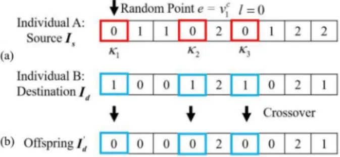 Fig. 6. Simple illustration of the one-way crossover operator. (a) Parental individuals