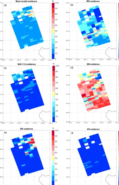 Figure 5. Same as Fig. 4 but showing the relative evidence distribution (%) of the selected best models on 27 April 2008.