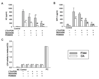 Figure 7. P38 and ERK1/2 pathway inhibitors inhibit LTA/PGN-induced KC and MIP-2 pro-duction