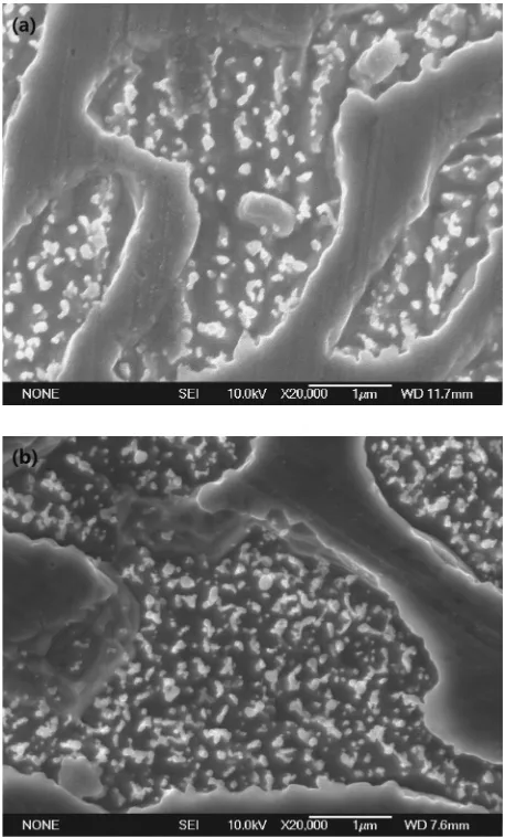 Fig. 4SEM micrographs of the eutectic Sn-Bi solder and the compositesolder joint: (a) Morphology of the eutectic Sn-Bi solder joint (b)Morphology of the composite solder joint.