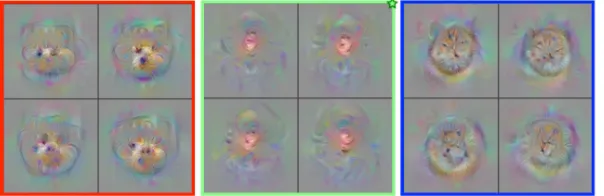 Figure 2.6: Left to Right, ﬁfth convolutional layer with ﬁlter number 2, number151 and number 111 activat-ing to dogs face, human face and cat face respectively [3]