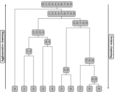 Figure 2.1: Hierarchical clustering can be depicted as a dendrogram. Ag- Ag-glomerative methods work by merging together smaller clusters (going up the dendrogram), while divisive methods split larger clusters (going down the dendrogram).