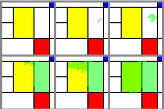 Figure 3.2: The path history of one particular random walker highlighted in green. Note that the regions of solid colour (low roughness) get explored before crossing the colour-shift barriers