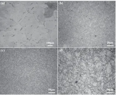 Fig. 4Optical micrograph of the alloys before and after the DDE: (a) homogenized at 673 K for 15 h, and processed by DDE at (b) 573,(c) 623, and (d) 673 K.