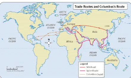 Figure 2.1 European explorers were looking for a water route to Asia. Do you see a possible route?What disadvantages and challenges might this route pose?  