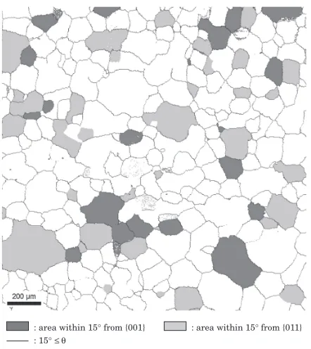 Fig. 1Grain structure map of AA5182 before compression measured byEBSD. The dark gray grains are within 15 degrees from {001}(compres-sion plane) and light gray grains are within 15 degrees from {011}orientation, respectively