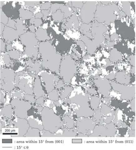 Fig. 5Grain structure map of AA5182 on the mid-plane section fromEBSD. The deformation is conducted at 673 K under a ﬁnal strain rate of5:0 � 10�2 s�1 up to a true strain of �1:0